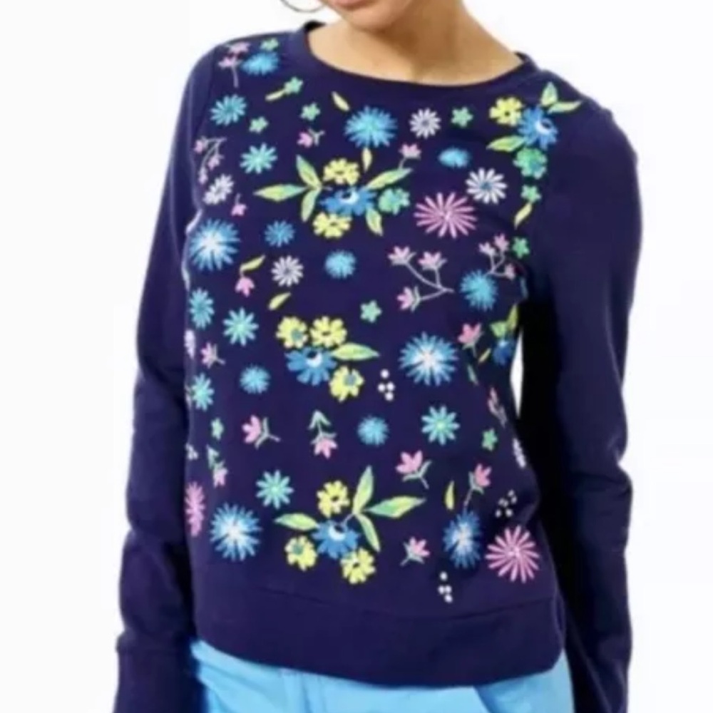 Lilly Pulitzer Rami Sweatshirt Navy Embroidery Blue Sweater women size S